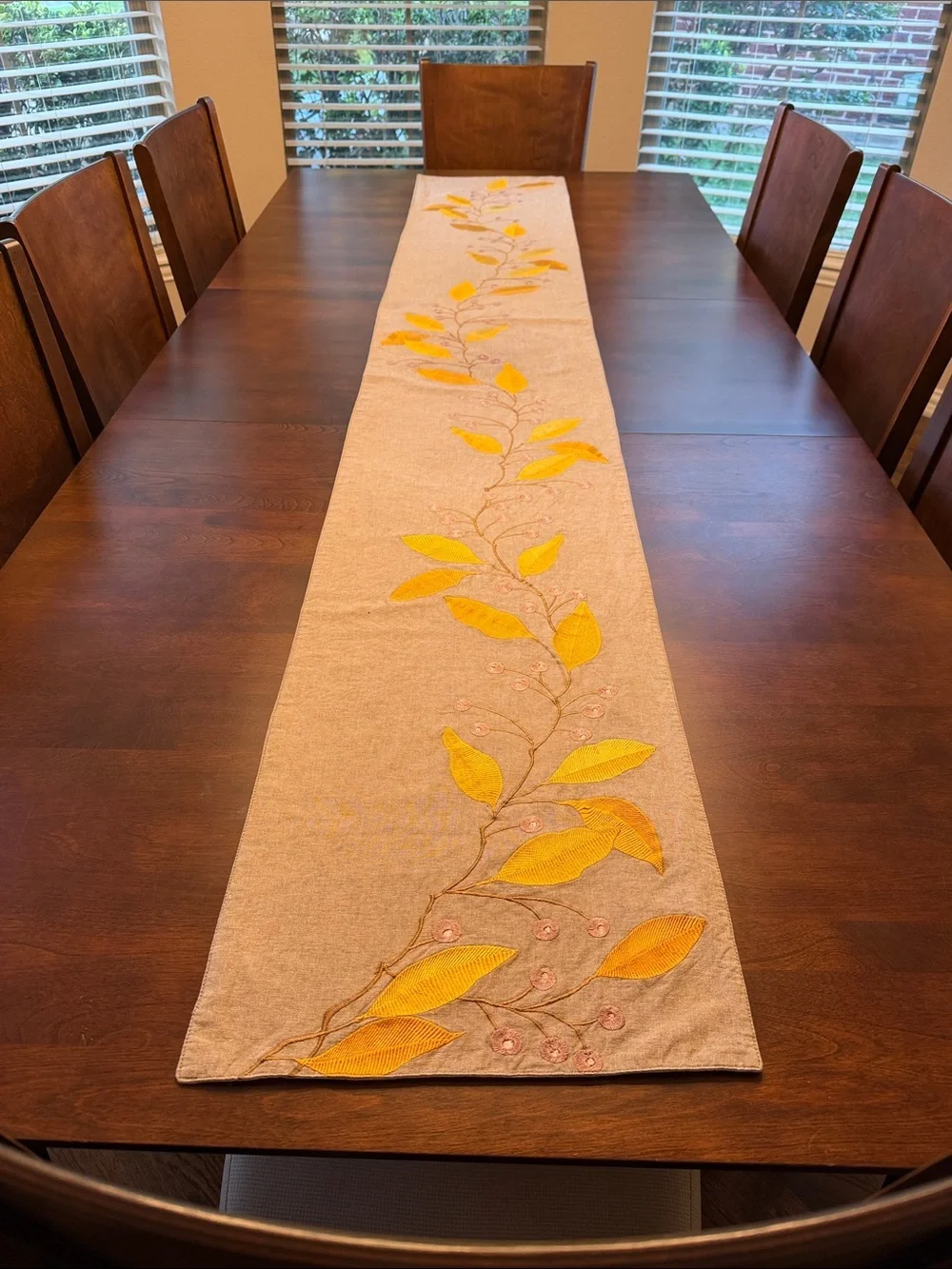 Crate&Barrel Beige Table Runner with Yellow Leaf Embroidery